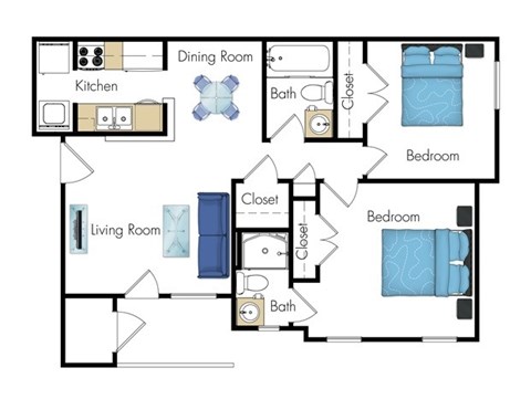 Floor plan for 2 beds, 2 baths, 975 sqft